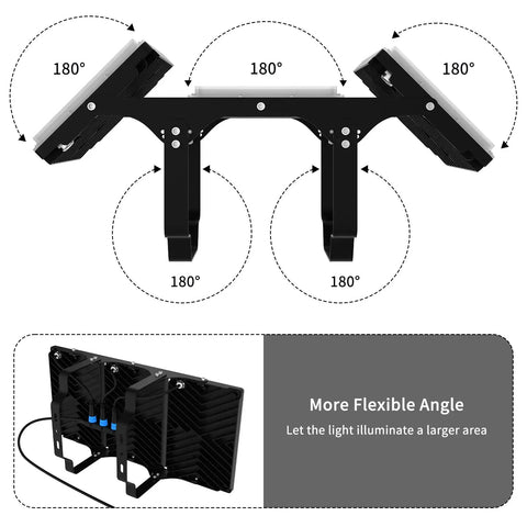 Adjustable mounting of Heavy-Duty 600W LED Flood Light, 60,000 Lumen Ultra-Bright Outdoor Security Lighting highlighting flexibility