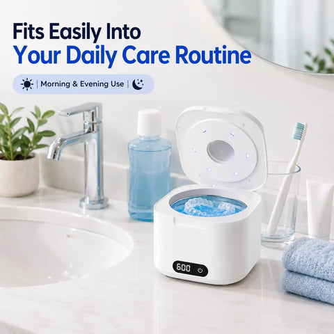 Retainer Cleaner With UV Light And 49kHz Ultrasonic Deep Cleaning Digital Timer 340ml Stainless Steel Tank on bathroom counter