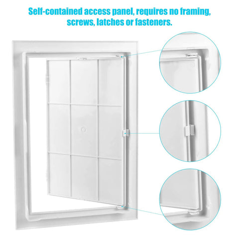 Eight By Twelve Inch White Plastic Drywall Access Panel For Ceilings Plumbing And Walls Uv Resistant Styrene Build showing snap lock design.