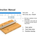 Four Pack 48 Inch T Track For Woodworking With Screws Aluminum Alloy Universal T Tracks Double Cut Profile Predrilled Mounting Holes Anodized Blue Heavy Duty Shop Essential instruction manual with dimensions and assembly guide on wooden surface.