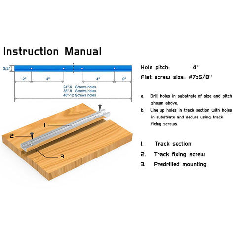 Four Pack 48 Inch T Track For Woodworking With Screws Aluminum Alloy Universal T Tracks Double Cut Profile Predrilled Mounting Holes Anodized Blue Heavy Duty Shop Essential instruction manual with dimensions and assembly guide on wooden surface.