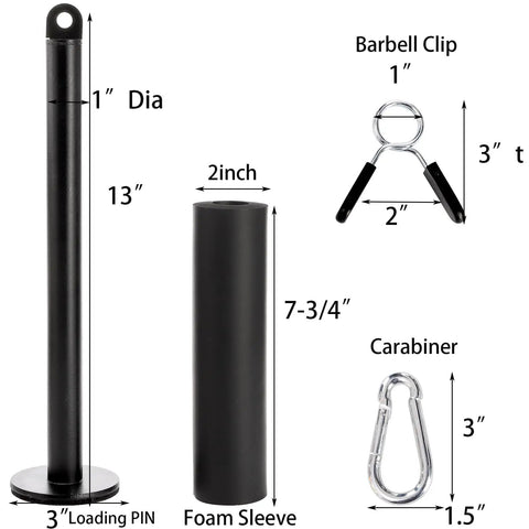 Heavy Duty Weight Loading Pin For 1 Inch And 2 Inch Weight Plates With Strong Carabiner For Cable Pulley Lat Pulldown Home Gym Workouts Up To 260 Lbs For Plyometrics And Strength Training with dimensions.