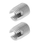 20 Pcs M4 8mm Threaded Inserts Self Tapping Helical Coil Repair Kit For Aluminum Plastic Wood And Metalworking DIY Projects Easy Install Secure Fit Restores Damaged Holes And Prevents Stripouts. Two metal threaded inserts close-up.