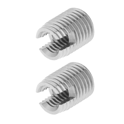 20 Pcs M4 8mm Threaded Inserts Self Tapping Helical Coil Repair Kit For Aluminum Plastic Wood And Metalworking DIY Projects Easy Install Secure Fit Restores Damaged Holes And Prevents Stripouts. Two metal threaded inserts close-up.