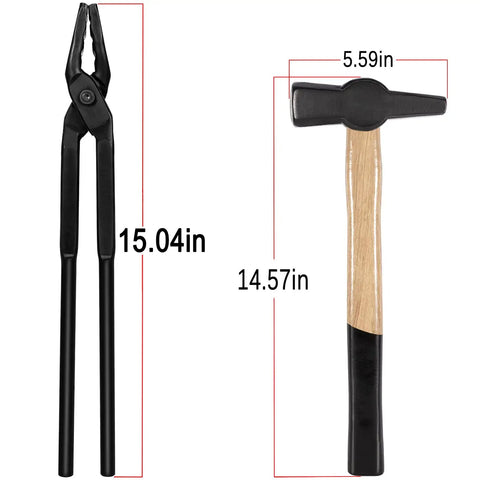 Wolf Jaw Tongs 15 Inch For Blacksmithing With Pro Grade Forging Hammer shown with measurements