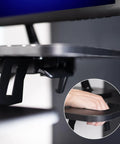Close-up of adjustment lever on Extra Wide 38 Inch Corner Desk Converter With Height Adjustable Sit To Stand Riser