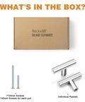 Packaging of Polished Chrome Cabinet Knobs And Handles 5 Pack Stainless Steel Single Hole Euro T Bar Drawer Pulls with screws included.