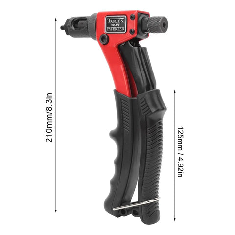 Heavy Duty Hand Rivet Nut Gun Set With Ergonomic Grip For M3, M4, M5, And M6 Inserts Includes Quick Release Screw For Easy Nut Separation And Durable Black And Red Finish Makes Fast Work Of Repair Projects. black red hand rivet nut gun, 210mm, with ergonomic grip