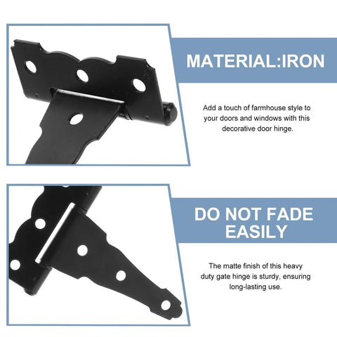 Close-up of heavy duty iron gate hinges matte black farmhouse style, T-shaped, with decorative design and durable finish.