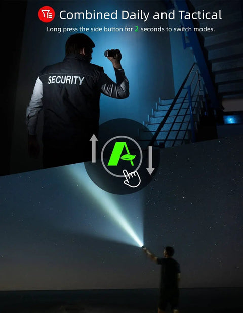 Security guard using Hella Bright 3100 Lumen Dive Light with dual switch for tactical mode at night.