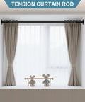 Heavy Duty Tension Curtain Rod 51 To 168 Inches No Drill Outdoor Patio Window Adjustable Shower Rod Extra Long 1.26 Inch Diameter Never Rust Black Weatherproof Design Easy Install in use on a window with curtains.