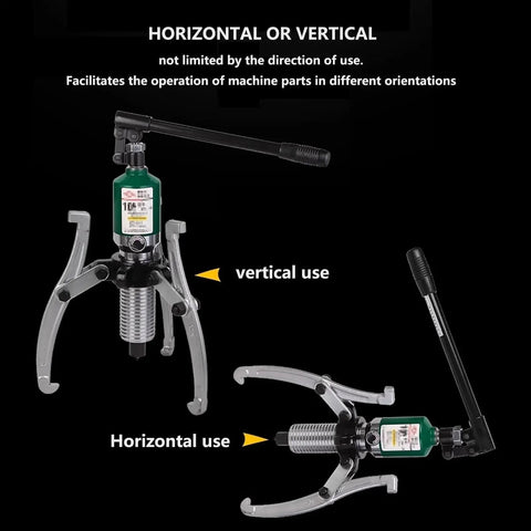 Beefy 5 Ton Hydraulic Gear Puller Set 11000 Lb Brake Drum And Bearing Puller shown in vertical and horizontal use