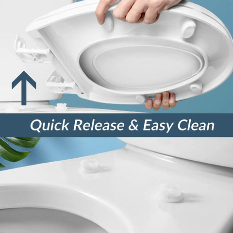 Round Toilet Seat With Slow Close And Quick Release Easy Clean Plastic In White Standard Round Size For Family Bathrooms Kid Friendly With Magnetic Child Seat That Stows And Never Slams being detached by hand for easy cleaning