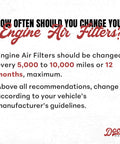 Infographic showing engine air filter replacement guidelines. Doc's Diesel logo at bottom right.