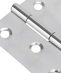 Close-up view of a 3.5 inch stainless steel folding butt hinge showing smooth operation and screw holes for installation.