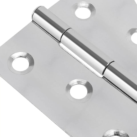 Close-up view of a 3.5 inch stainless steel folding butt hinge showing smooth operation and screw holes for installation.