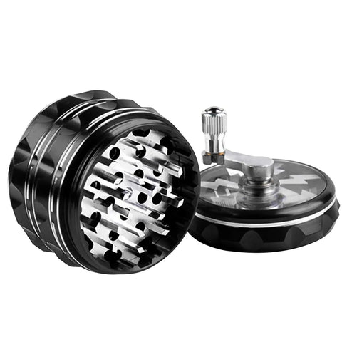 Portable 2.5 Inch Hand Crank Grinder With Clear Top Cover, Large Aluminum Alloy Manual Grinder, Foldable Handle, Black Finish, Open View