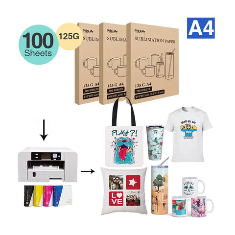 Sublimation Heat Transfer Paper 8.2 By 11.5 Inch A4 Size 100 Sheets Pack For Mugs Tumblers Water Bottles T Shirts And Bags Use With Sublimation Ink 125 G High Transfer Rate Fast Drying Vivid Colors boxes with decorated items