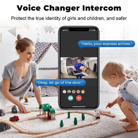 Woman and child playing near smartphone displaying Wireless Doorbell With Camera 150M Range Indoor Receiver Smart Doorbell Cam