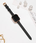 Pretty Sweet Slim Leather Band Compatible With Apple Watch For Women, ultra-soft black leather strap on a smartwatch.