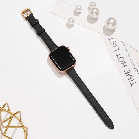 Pretty Sweet Slim Leather Band Compatible With Apple Watch For Women, ultra-soft black leather strap on a smartwatch.