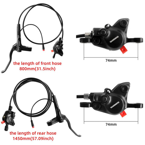 Ride-Ready Hydraulic Disc Brake Set for Ebike With 2-Piston Calipers Pre-Bled With Mineral Oil 160 180 203mm Rotors 2-Pin Power-Off System Front 800mm Rear 1450mm Hose Length Left Front Lever Right Rear Lever