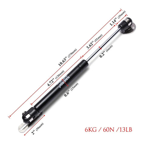 Detailed view of Four Pack Brass Core Gas Spring Hinge for Kitchen Cabinets, showing measurements and hydraulic lift features.