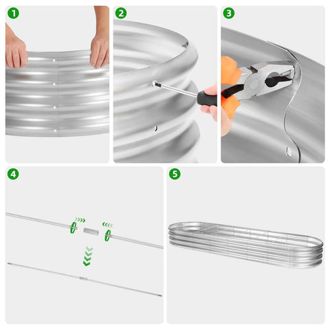 Assembly process for Eight Foot Beefed Up Galvanized Raised Garden Bed Kit For Outdoor Use Oval Metal Planter Boxes shown in steps