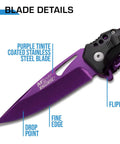 Close-up of purple folding knife blade details with drop point and flipper. Folding Knife With Three Point Seven Five Inch Half Serrated Blade Titanium Coating Glass Breaker And Pocket Clip Purple Handle For Everyday Carry And Quick Deployment.