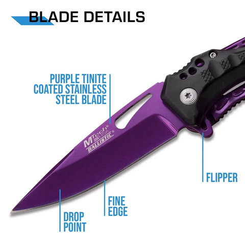 Close-up of purple folding knife blade details with drop point and flipper. Folding Knife With Three Point Seven Five Inch Half Serrated Blade Titanium Coating Glass Breaker And Pocket Clip Purple Handle For Everyday Carry And Quick Deployment.