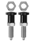 Bulletproof Stainless Steel Industrial Spring Plunger 2 Pack Featuring 4mm Pin And M6 Thread With Knurled Knob For Dead Simple Heavy Duty Positioning And Reliable Non Locking Retraction, showing two spring plungers with hex nuts.