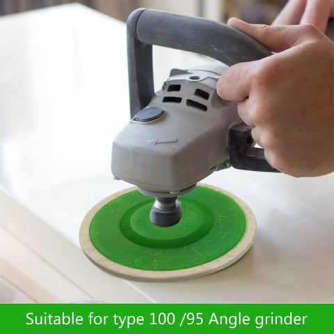 Get Your Gear Ready With These Six Premium Wool Felt Polishing Wheel Discs Perfect For 95 Or 100 Angle Grinders And Crushing Metal Marble Or Brass Like A Boss In Workshops Without Burning Out, showing a 95mm polishing wheel in use.