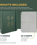 Big Capacity Seed Packet Organizer Binder With 50 Heavy Duty Sheet Protectors That Holds 200 Seed Envelopes shown with dimensions.