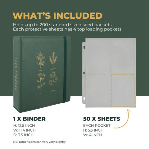 Big Capacity Seed Packet Organizer Binder With 50 Heavy Duty Sheet Protectors That Holds 200 Seed Envelopes shown with dimensions.