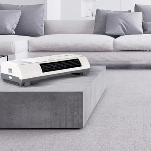 Dope 2000W Wall Mounted Air Conditioner And Heater With Touch Screen Remote Control on a concrete surface in a modern living space.