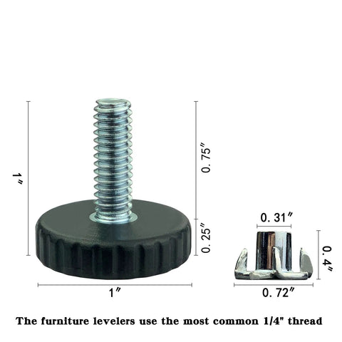 One Quarter Inch Threaded Furniture Feet Levelers Set Of 12 Adjustable Black Nylon Glide Feet for Tables Chairs Benches