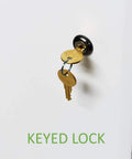 Close-up of keyed lock on 20 Inch Structured Media Enclosure With Locking Hinged Cover, glossy white finish.
