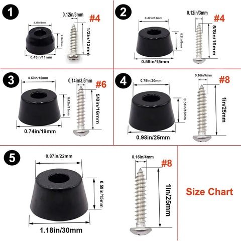 Heavy Duty Rubber Feet And Screw Kit With Stainless Steel Washers For Furniture Sofa Legs Cutting Board Anti Slip Protective Pads size chart with dimensions and assorted sizes.
