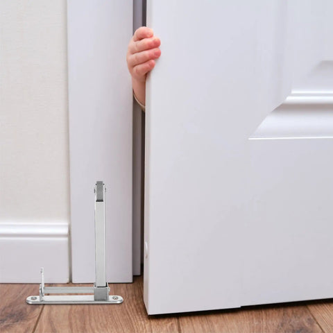 Tough As Nails Stainless Steel Fire Door Closer With Automatic Self Closing Hinge For Commercial Doorways and Cabinet Locks, with a hand gripping a door.