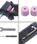 No Nonsense Drill Bit Sharpener Portable Adjustable Angle Grinder Jig For Woodworking And Metal Bits Quick Revival Tool showing parts like sharpening wheels and wrenches.