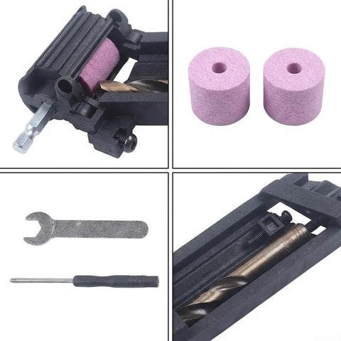 No Nonsense Drill Bit Sharpener Portable Adjustable Angle Grinder Jig For Woodworking And Metal Bits Quick Revival Tool showing parts like sharpening wheels and wrenches.