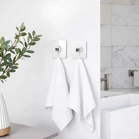 No Drill Wall Hooks Heavy Duty Adhesive Hangers For Kitchen, Bathroom And Home, Damage Free Picture Hanging, 10 Pack With Removable Non Marking Tape, Strong Grip For Towels, Coats, Bags And More on white wall holding towels