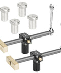 All Metal Bench Dog Clamp With Three Quarter Inch Quick Release Mechanism For Woodworking Mft Table And Workshops, two clamps and accessories.