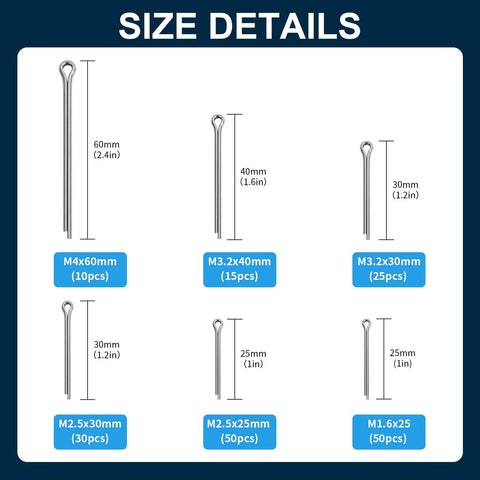 180 Piece Premium 304 Stainless Steel Cotter Pin Set With Six Size Assortment Heavy Duty Pins For Automotive Machinery Lawn Mowers And DIY Projects