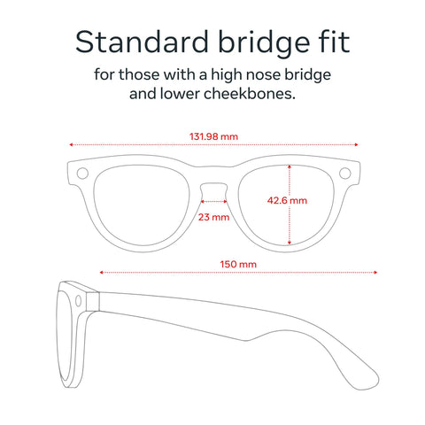 Standard bridge fit diagram for Gen 2 Headliner Smart AI Glasses With 3K Ultra HD Video, 12 MP Ultra Wide Camera, clear lenses, side view