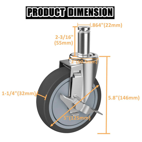 Diagram showing dimensions of 5 Inch Heavy Duty Caster Set With Brake For Wire Shelving Racks Replacement Wheels Four Pack Compatible With Metro Quantum Uline