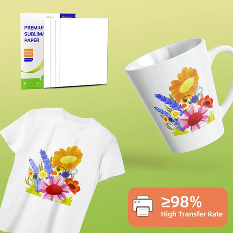 30 Sheets Heat Transfer Paper For Inkjet Sublimation Printers 8 By 11 Inch 125G High Transfer Rate applied on mug and shirt