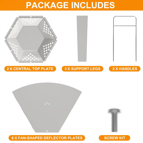 Package contents of Heat Deflector For Yukon 27 Inch Fire Pit Portable 304 Stainless Steel Diffuser With Carry Handle