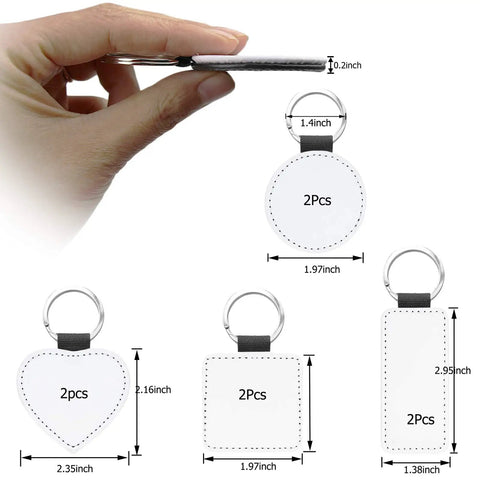 Sublimation Keychain Blanks Set PU Leather Heat Transfer Key Rings Eight Pack with dimensions and shapes shown