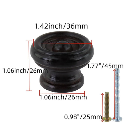 12 Pack Dope Wooden Drawer Knobs Round Cabinet Pulls For Dresser Kitchen Closet With Screws Dark Brown 1.42 x 1.06 Inches Includes 0.98 Inch And 1.77 Inch Screws